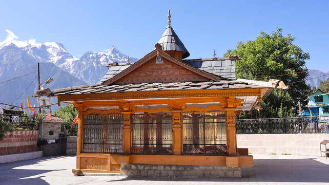 Maa Chandike Durga Ji Temple Kothi of Reckongpeo, Dedicated to Goddess Durga. with Mountains in Background, Kinnaur Valley, Himachal Pradesh, India.