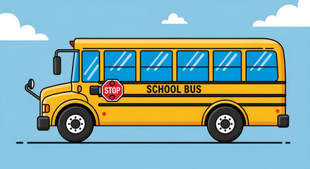 Illustration of a yellow school bus with stop sign and clouds on a light blue background