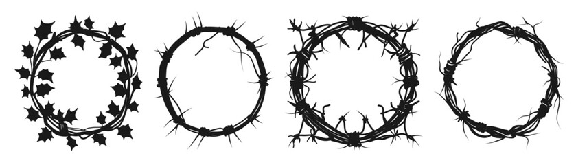 A set of round barbed frames made of silhouettes of dry revelers and vines. Halloween frame with copyspace, nature, horror. For sale, poster, invitation. Vector EPS10