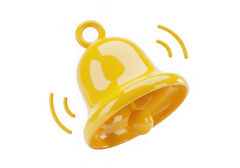3d icon of yellow 3d bell icon symbolizing a notification or alert, isolated on a transparent background