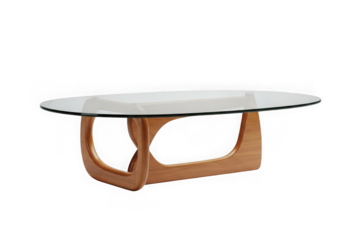 Elegant oval glass top coffee table with light brown wooden base adds a modern touch to any living room isolated on transparent background