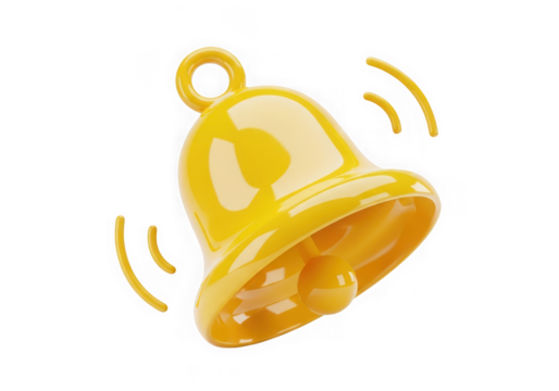 3d icon of yellow 3d bell icon symbolizing a notification or alert, isolated on a transparent background