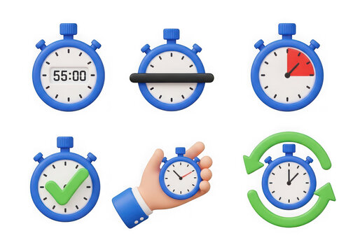 3d icon of collection of six different stopwatch icons representing time measurement, speed, and efficiency, isolated on transparent background