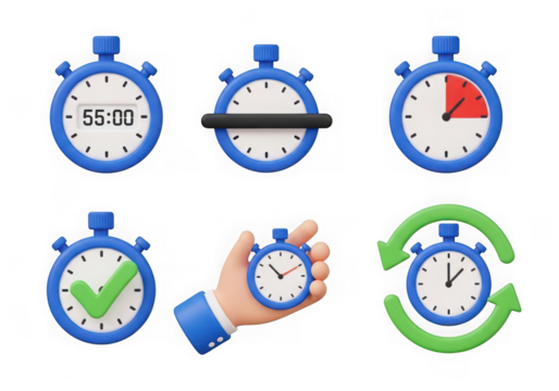 3d icon of collection of six different stopwatch icons representing time measurement, speed, and efficiency, isolated on transparent background