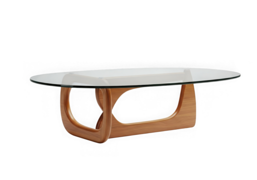 Elegant oval glass top coffee table with light brown wooden base adds a modern touch to any living room isolated on transparent background
