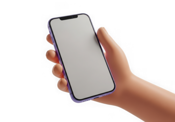 3d icon of closeup of a hand holding a purple smartphone with a blank white screen, isolated on transparent background