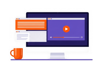 3d icon of modern computer monitor displaying a video player interface with a mug of coffee on a shelf, isolated on transparent background