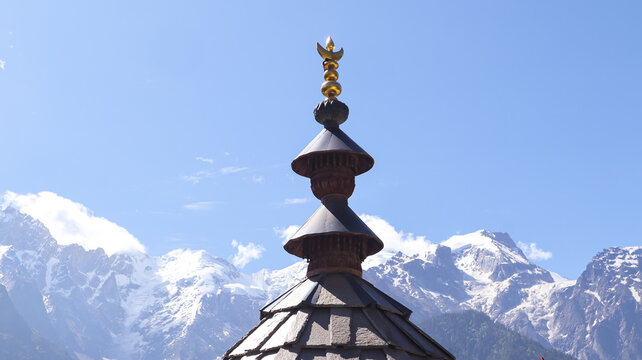 Maa Chandike Durga Ji Temple Kothi of Reckongpeo, Dedicated to Goddess Durga. with Mountains in Background, Kinnaur Valley, Himachal Pradesh, India.
