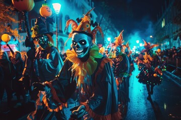 Eerie skeleton figures in vibrant glowing costumes parade down dark city street at night during festive halloween festival celebration.