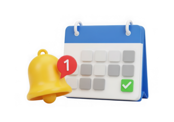 3d icon of 3d calendar with a notification bell and a checkmark isolated on transparent background
