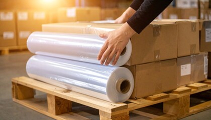 A warehouse worker places rolls of stretch wrap on cardboard boxes stacked on a wooden pallet.