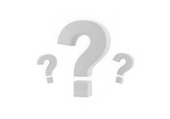 3d icon of three white question marks of different sizes isolated on transparent background