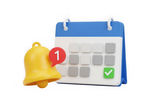 3d icon of 3d calendar with a notification bell and a checkmark isolated on transparent background