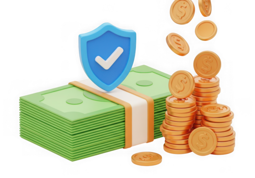 3d icon of stack of money with coins and a security shield, representing financial security and wealth isolated on transparent background