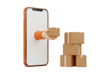3d icon of online shopping delivery service with a hand holding a package coming out of a smartphone, isolated on transparent background