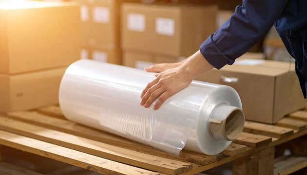 A worker's hands hold a large roll of clear plastic stretch film on a wooden pallet.
