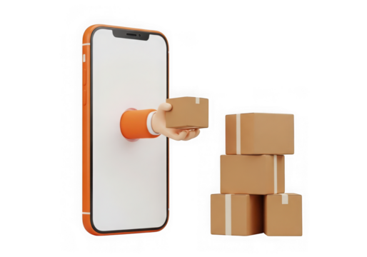 3d icon of online shopping delivery service with a hand holding a package coming out of a smartphone, isolated on transparent background