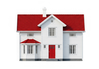 3d icon of a modern white house with a red roof and red door, featuring multiple windows and a chimney, isolated on transparent background
