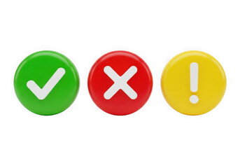 3d icon of green check mark, red cross, and yellow exclamation mark icons isolated on transparent background