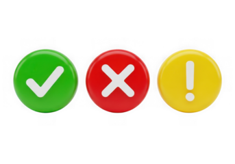3d icon of green check mark, red cross, and yellow exclamation mark icons isolated on transparent background
