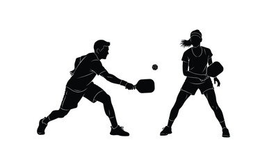 Naklejka premium Silhouette of pickleball players in action isolated on white background, a dynamic vector illustration of a man and woman playing the game