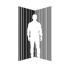 Silhouette of a person entering barcode door frame, symbol of identity, digital age, and security
