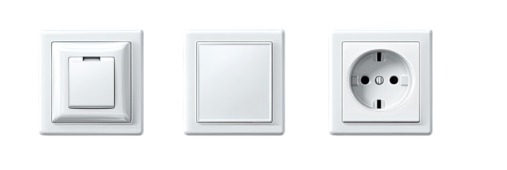 Three white electrical wall plates, one switch and two power outlets