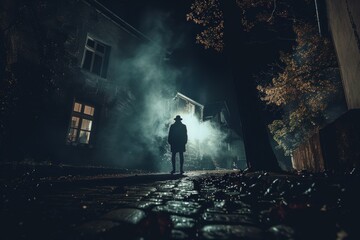 Dramatic silhouette of mysterious man on foggy urban cobblestone street at night evoking suspense and lone contemplation in noir atmosphere
