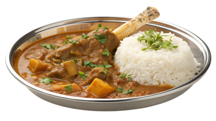 A bowl of meat curry with rice and cilantro garnish