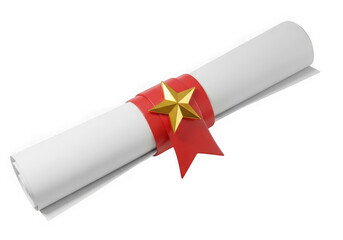 3d icon of a rolled diploma or certificate with a red ribbon and a golden star, isolated on transparent background