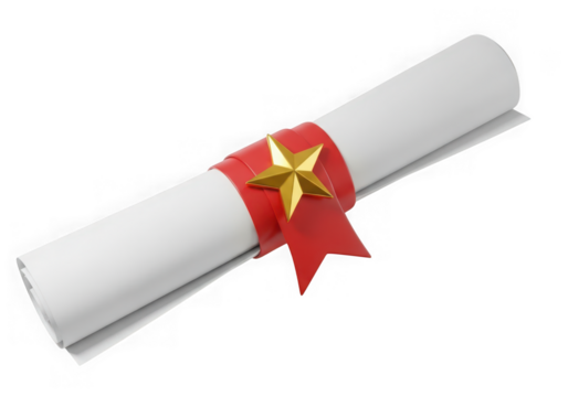 3d icon of a rolled diploma or certificate with a red ribbon and a golden star, isolated on transparent background