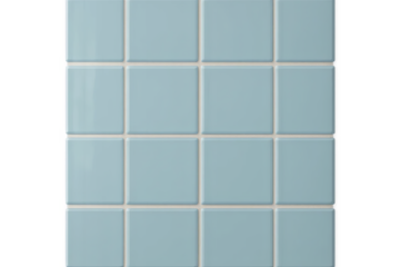 Glossy light blue ceramic tiles with grout in perfect grid on transparent background