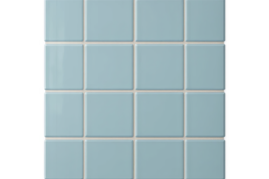 Glossy light blue ceramic tiles with grout in perfect grid on transparent background
