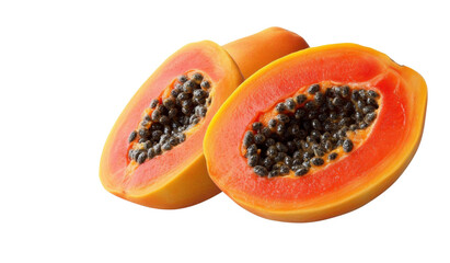 halved papaya fruit on transparent background.