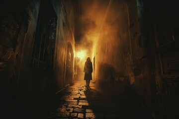 Mysterious lone woman walks down dark foggy alley at night, her silhouette illuminated by eerie light, evoking sense of fear and unknown urban adventure