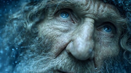 Close-up of elderly man's face with piercing blue eyes in cold winter snow.
