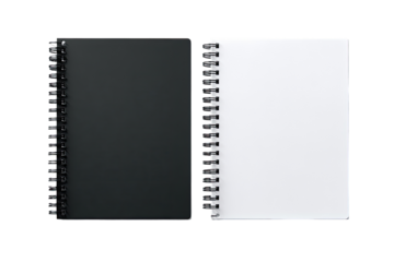 Two spiral-bound notebooks, one black, one white, lie open.  Blank pages are visible.  Both feature a similar, simple design