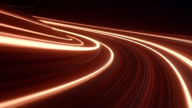 Abstract Copper Curved Lines Motion Background with Glowing Light Streaks in a Dark Backdrop for Futuristic and Technological Design