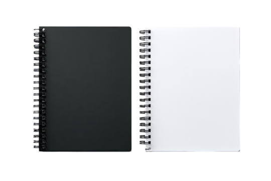 Two spiral-bound notebooks, one black, one white, lie open.  Blank pages are visible.  Both feature a similar, simple design