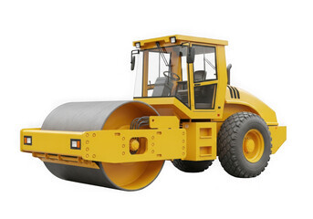 Yellow road roller is a heavy machine used for compacting soil gravel concrete or asphalt in road construction isolated on transparent background