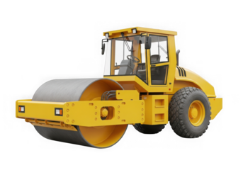 Yellow road roller is a heavy machine used for compacting soil gravel concrete or asphalt in road construction isolated on transparent background