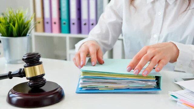 Young adult paralegal organizing case files, age 22-30