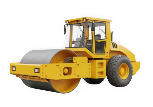 Yellow road roller is a heavy machine used for compacting soil gravel concrete or asphalt in road construction isolated on transparent background