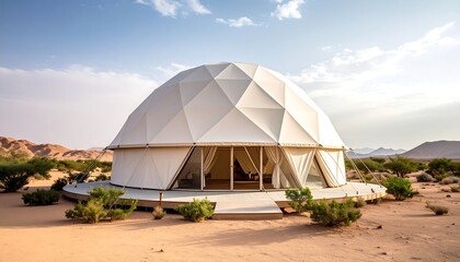 Unique desert accommodation featuring a luxurious geodesic dome in the serene landscape