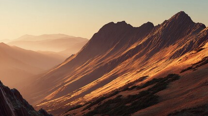 Naklejka premium Majestic mountains bask in warm sunlight, casting long shadows into a deep valley and hazy, distant ranges