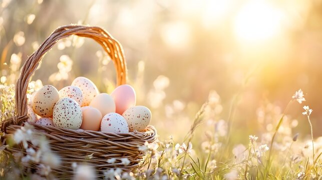 Wicker Basket Filled with Pastel Easter Eggs on Spring Meadow perfect for Easter event promotions, seasonal greeting cards, religious celebration ads, holiday blog headers and festive invitations