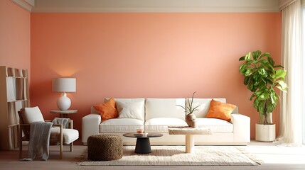 Modern living room with Peach Fuzz wall color featuring minimal furniture and soft natural lighting