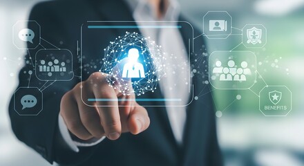 A businessman in a suit interacts with a digital interface, selecting a human icon surrounded by network connections and related business symbols.