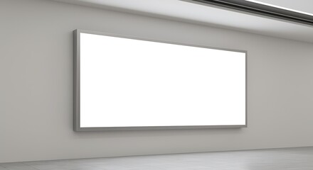 A horizontal blank billboard with a silver frame is mounted on a gray wall in a modern interior space