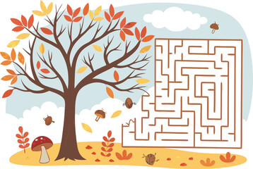 Cartoon illustration of a tree with autumn leaves next to a maze and mushroom on a cloudy background